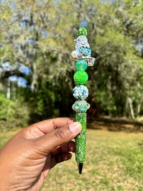 Handcrafted Green Rhinestone Beaded Parrot Pen